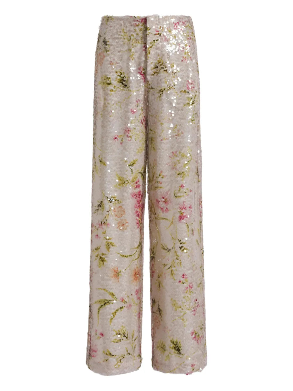 High-Waisted Wide-Leg Pants with Floral Sequin Embellishments