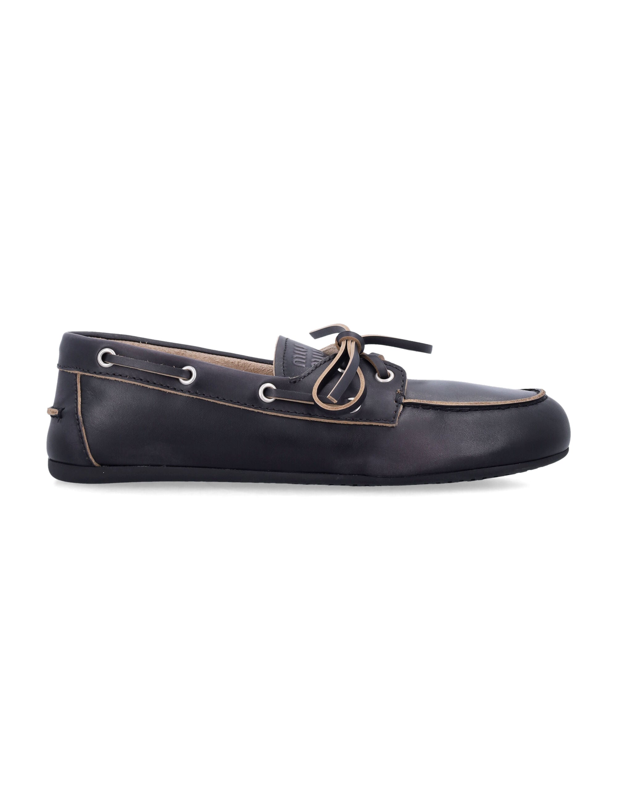 Leather Boat Loafers with Bow-Embossed Logo