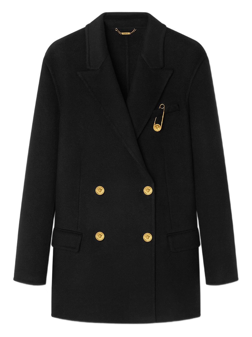 Double-Breasted Black Coat with Gold-Tone Accents