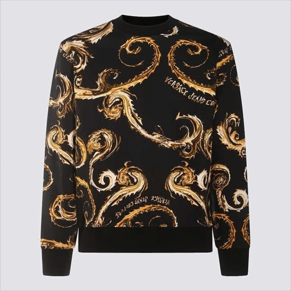 Long-Sleeve Black T-Shirt with Baroque Gold Scroll Pattern