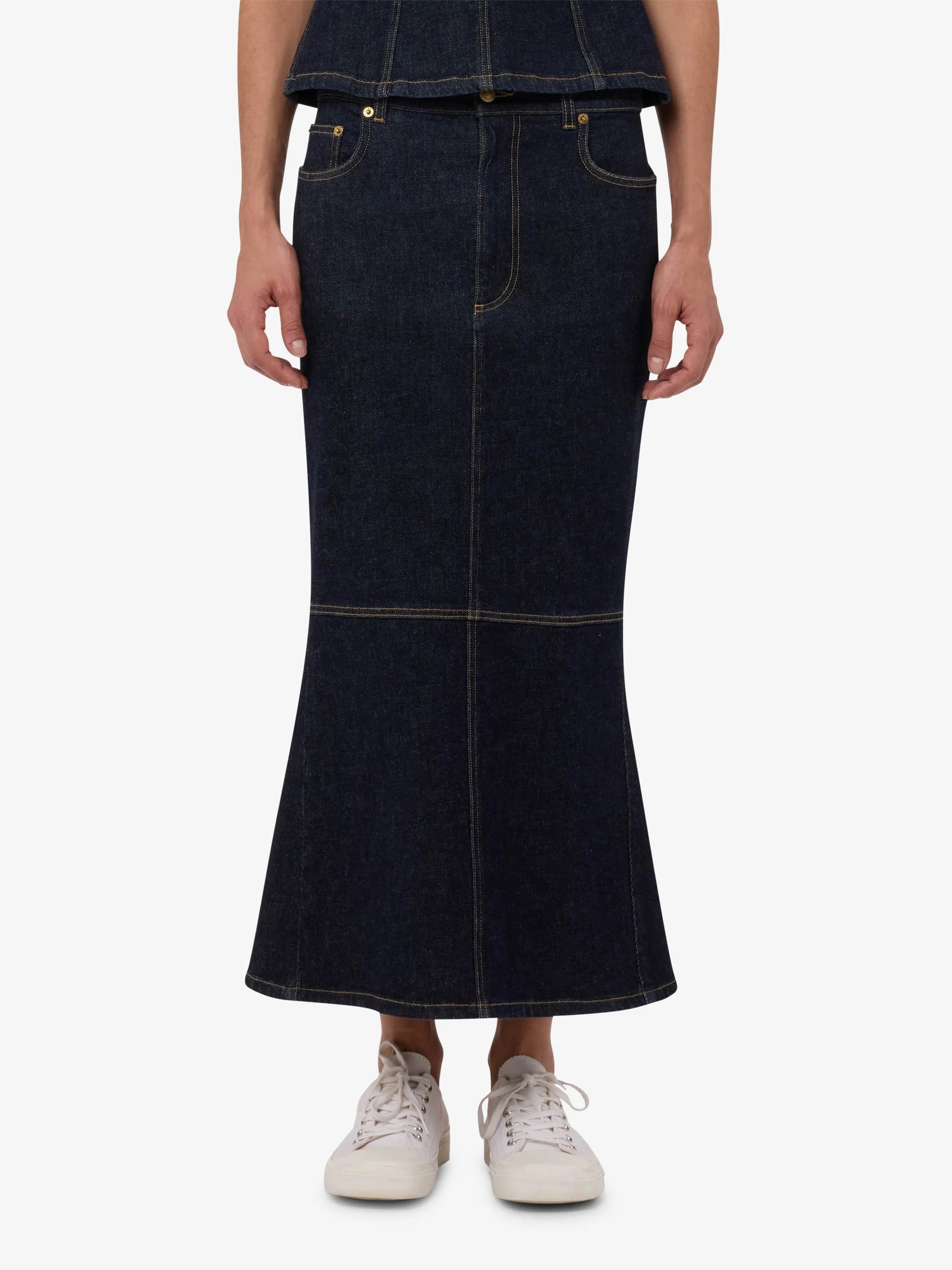 Blue Fitted Denim Midi Skirt With Hearts
