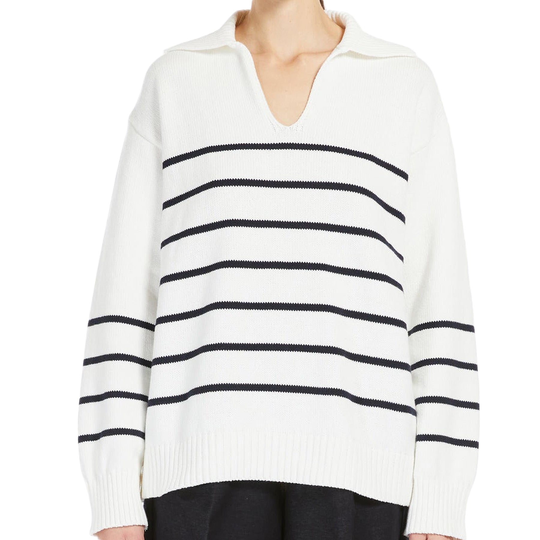 Relaxed Fit V-Neck Sweater with Striped Detail