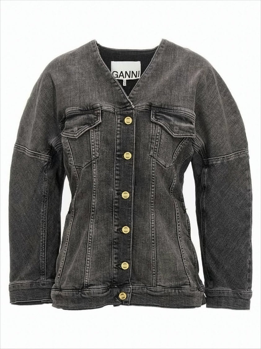 Structured V-Neck Denim Jacket with Gold-tone Accents