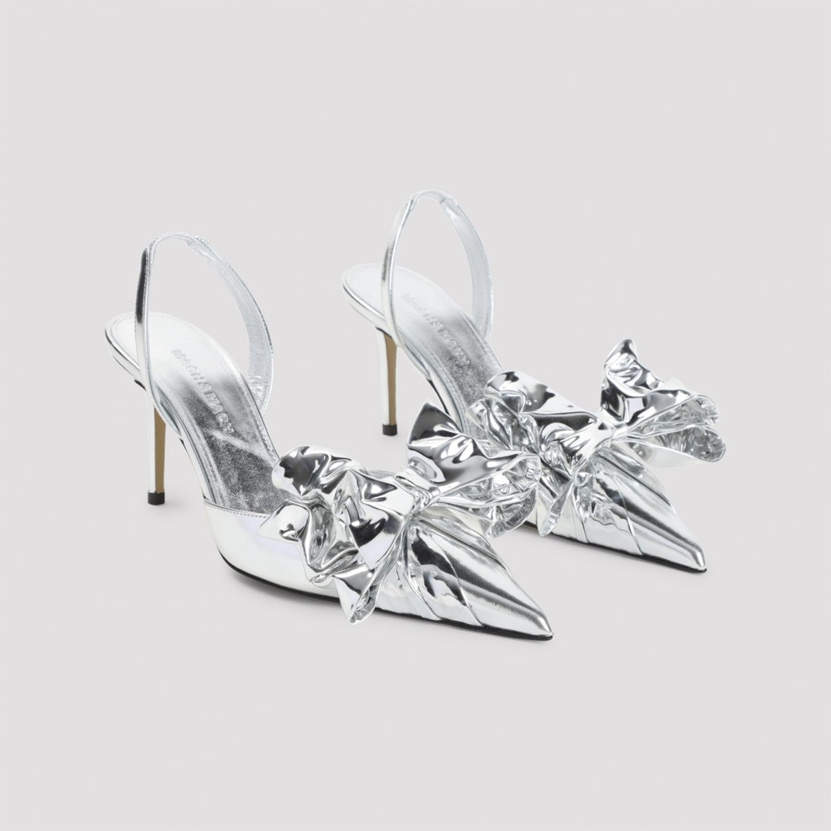 Metallic Silver Pumps With Ruffled Bow Detail
