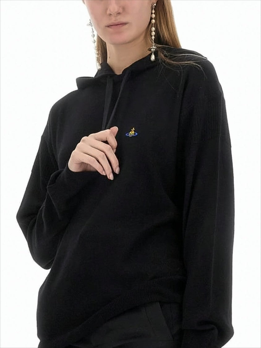 Relaxed-Fit Black Wool Hoodie with Drawstring Hood