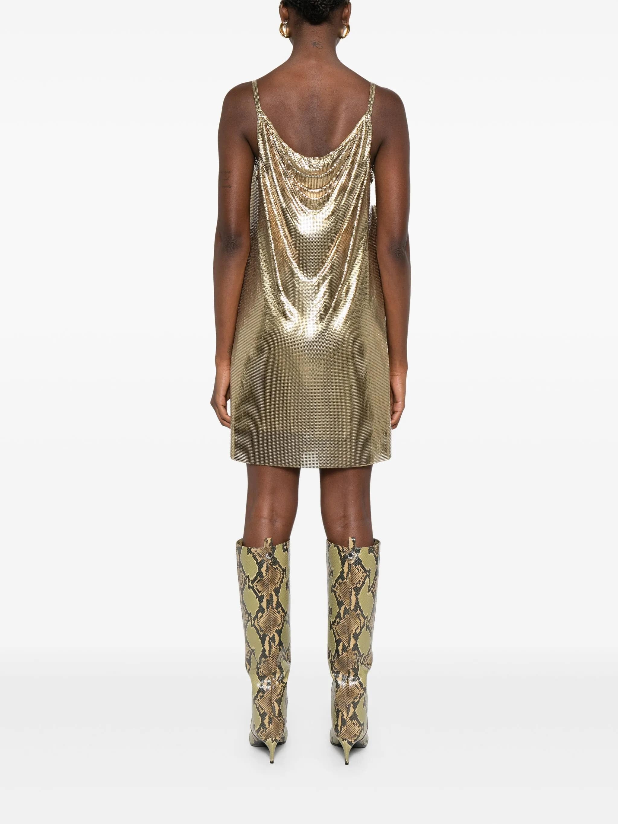 Metallic Mesh Mini Dress with Draped Neckline
