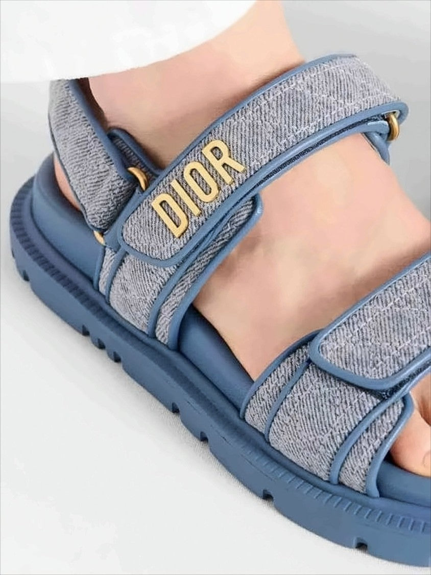 Textured Blue Sandals With Adjustable Straps And Gold-Tone Detailing