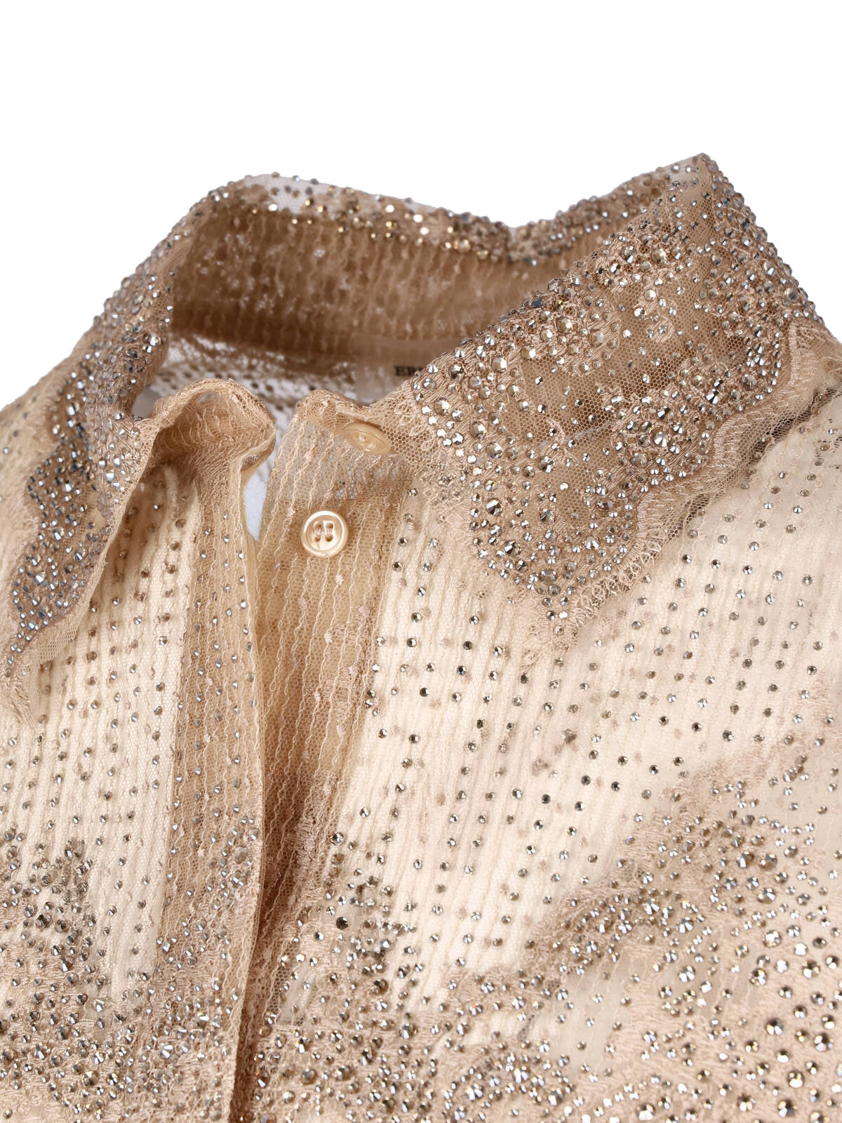 Beige Lace Rhinestone Classic Collar Shirt