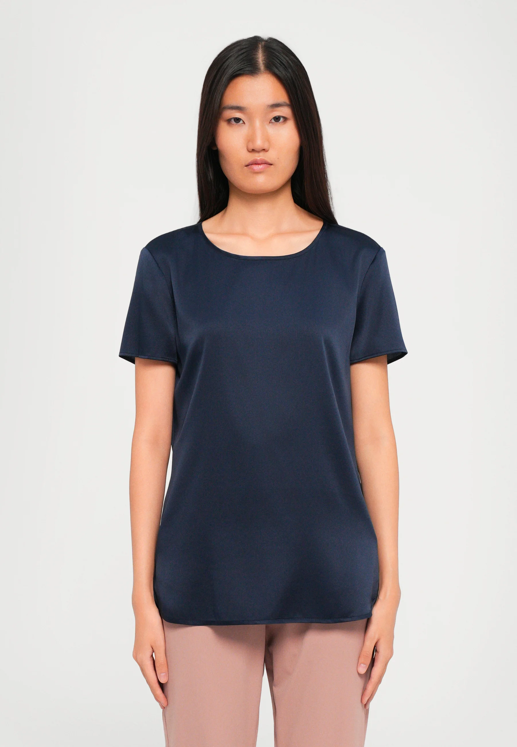 Smooth Satin Short-Sleeved Top with Classic Round Neckline