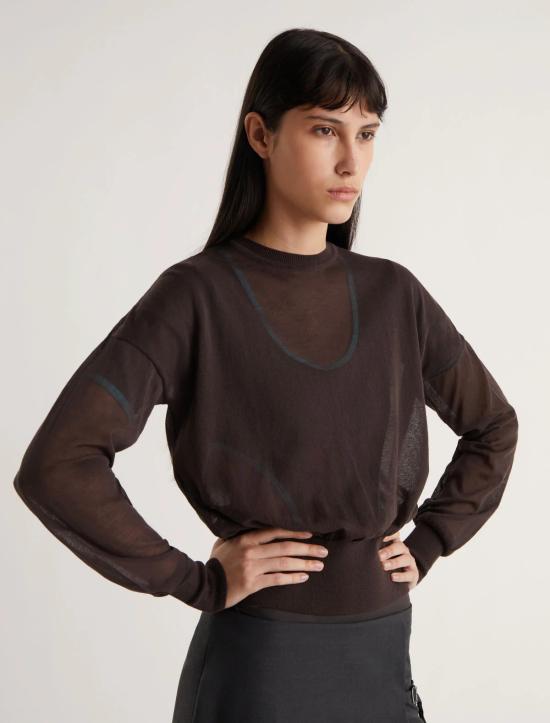 Semi-Sheer Brown Sweater With Gathered Waist And Cuffs