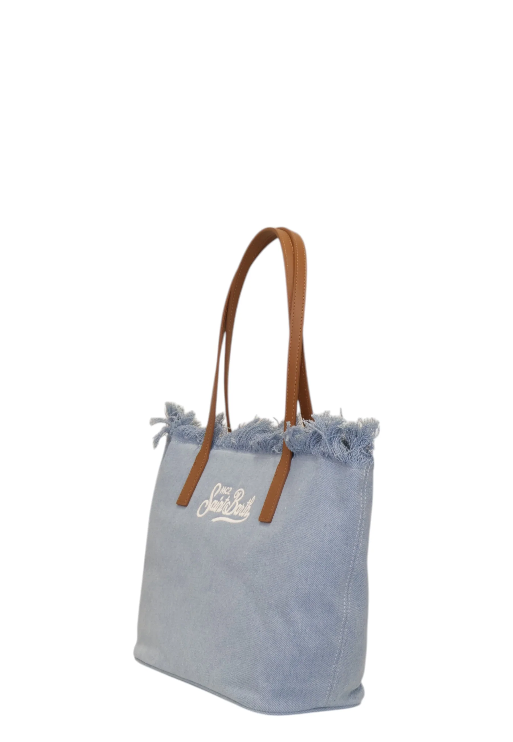 Spacious Light Blue Tote Bag with Fringed Trim
