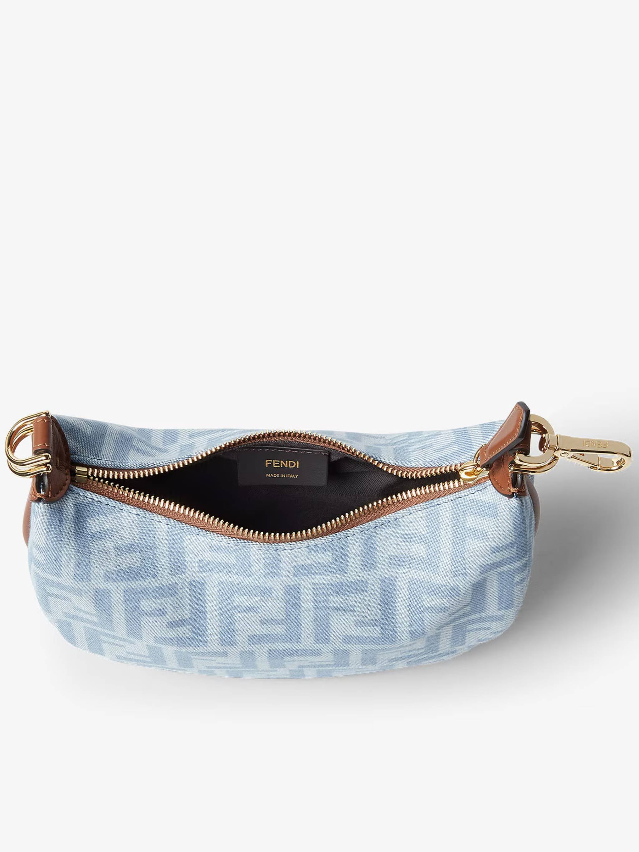 Crescent-Shaped Handbag with Light Blue Monogram and Gold Hardware
