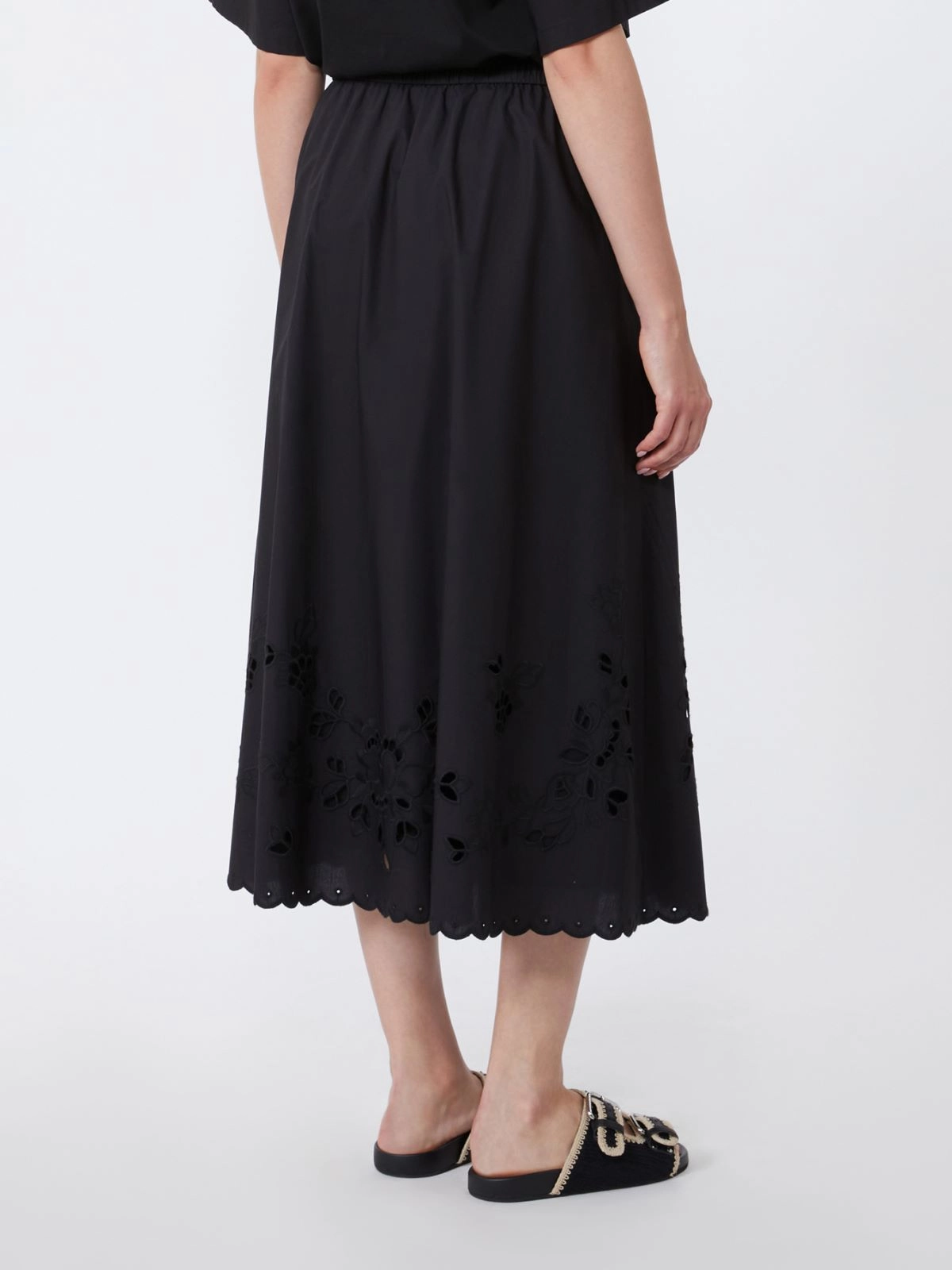 Midi-length Skirt with Flared Silhouette and Floral Embroidery