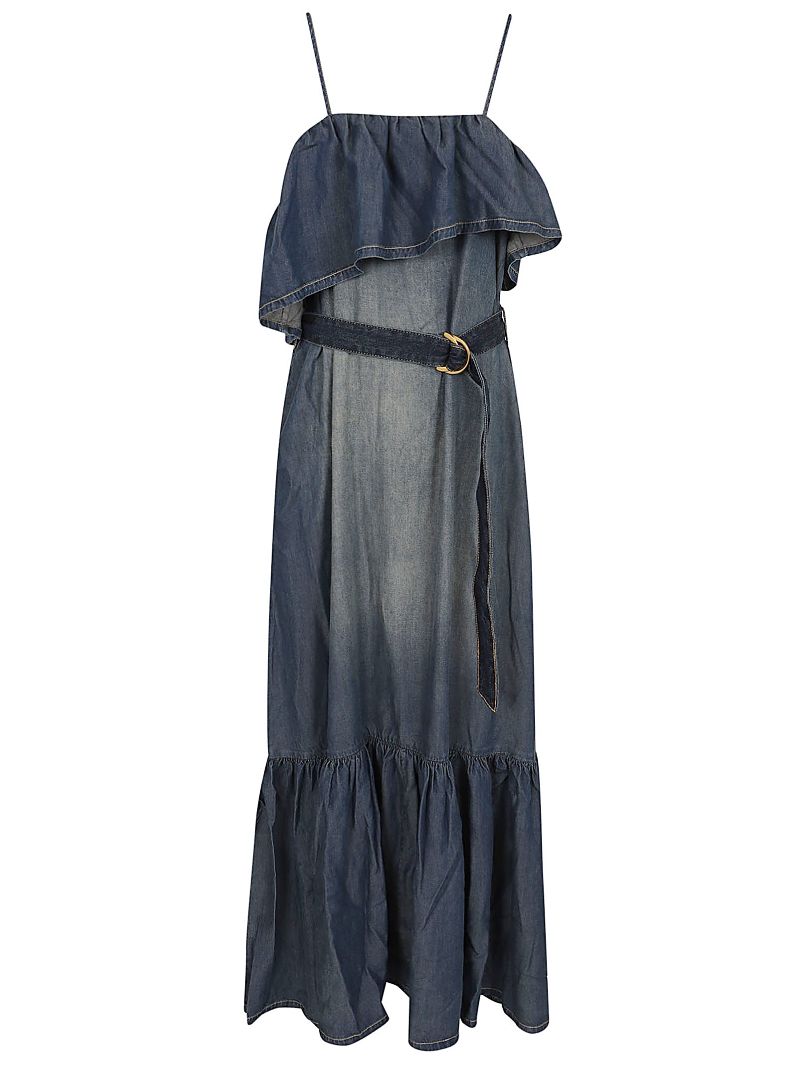 Denim Midi Dress with Ruffle Neckline