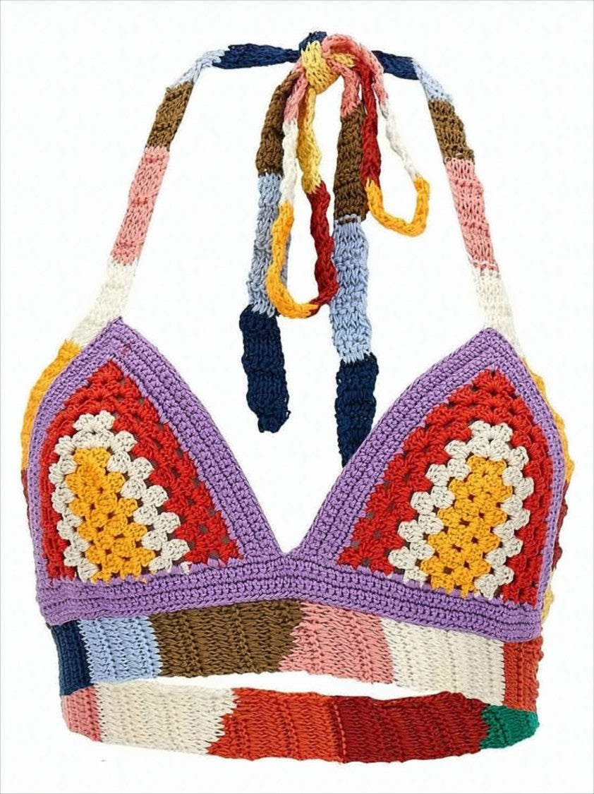 Colorful Crochet Bralette with Halter Neck Tie and Striped Underbust Band