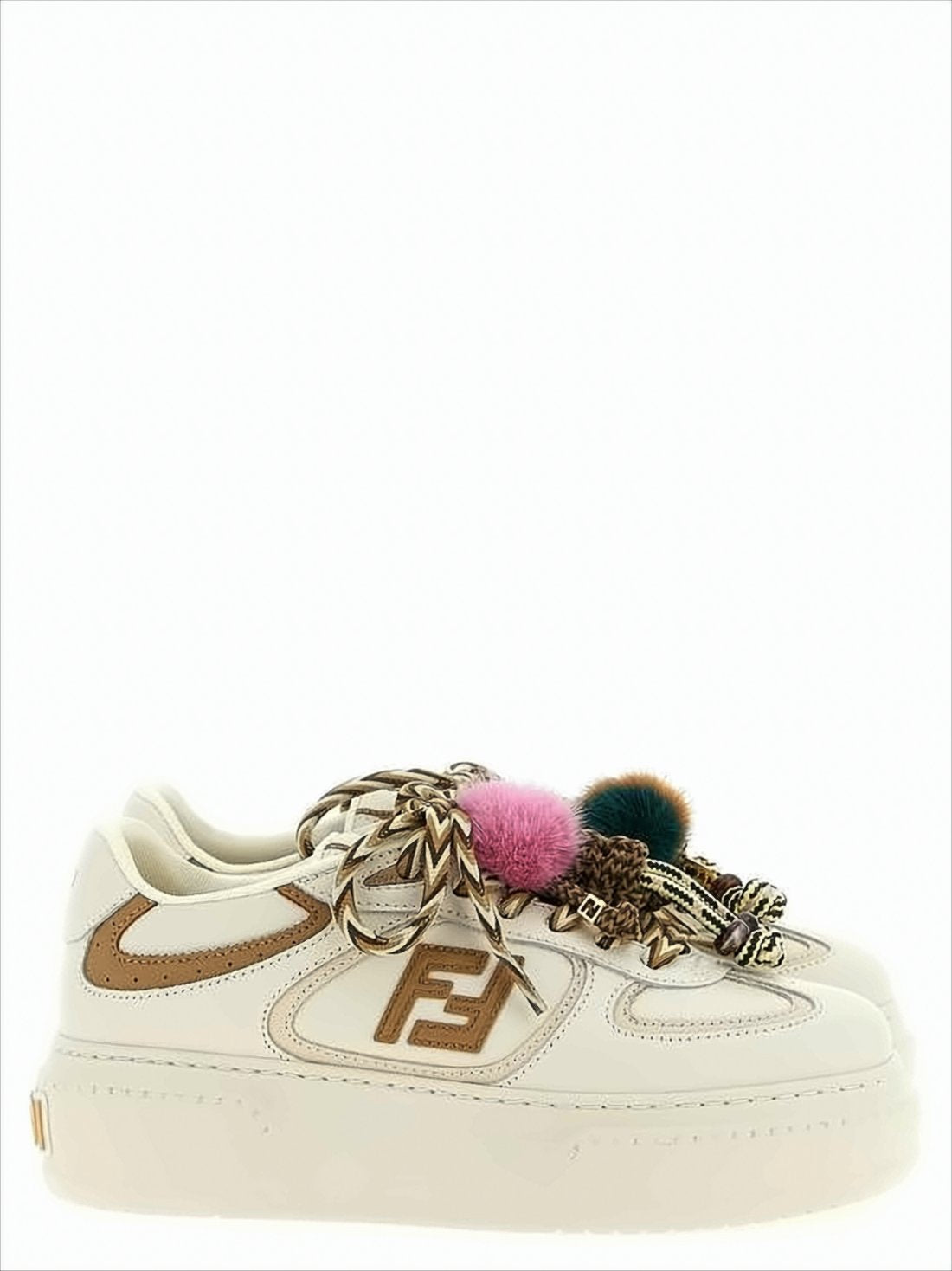 Creamy Leather Sneakers with Colorful Pom-Poms