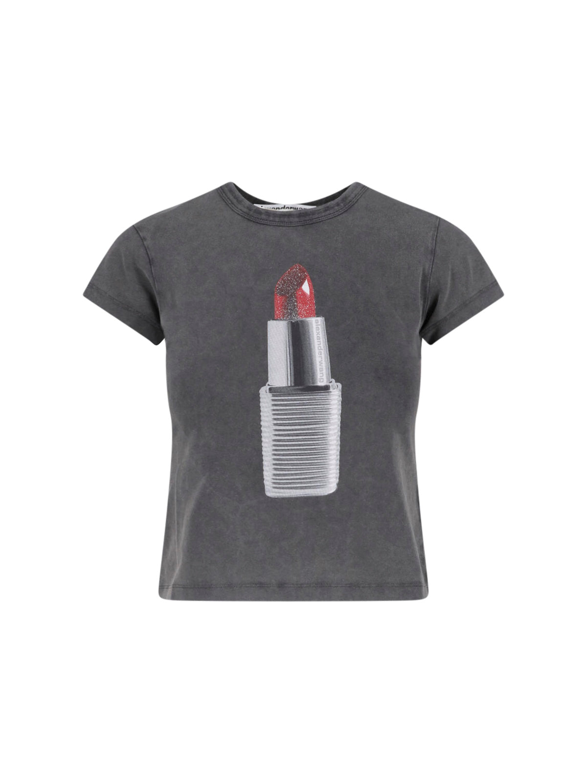 Black Cropped Graphic Lipstick Cotton T-shirt