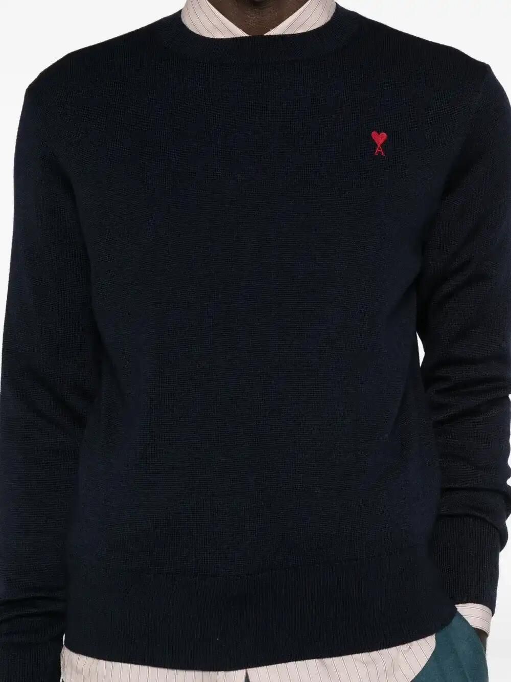 Navy Blue Crew Neck Sweater With Heart Embroidery