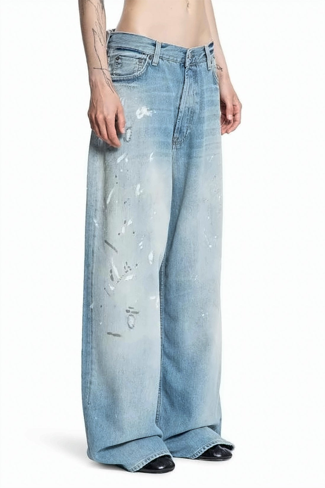 Wide-Leg Light Blue Denim Pants With Distressed Finish