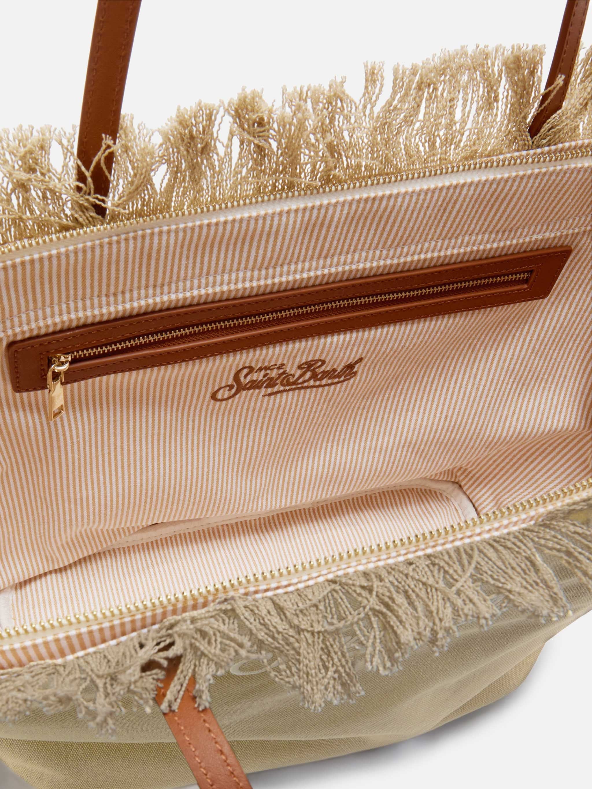 Fringed Beige Canvas Tote Bag with Leather Accents
