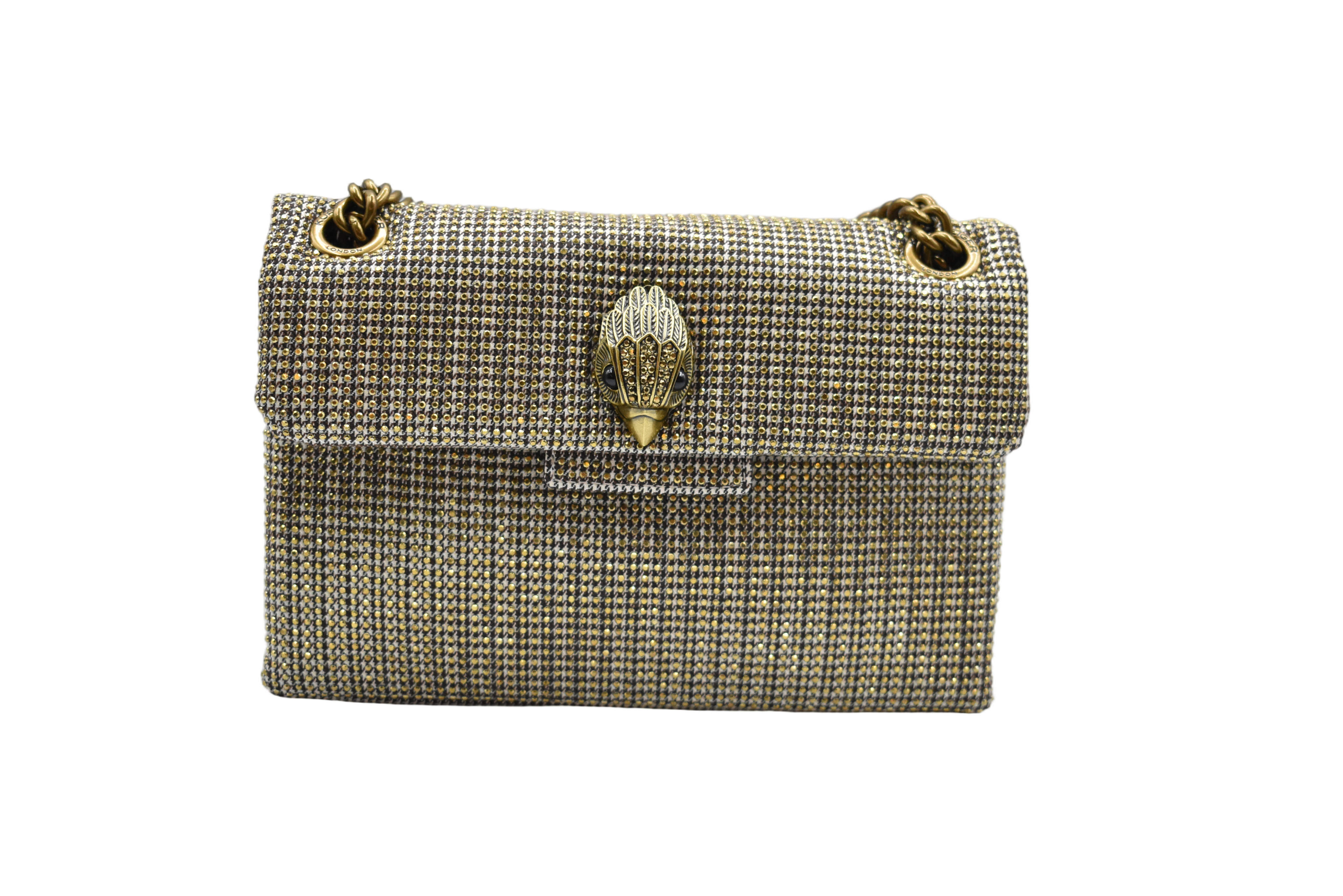 Textured Beige Handbag With Decorative Metallic Clasp