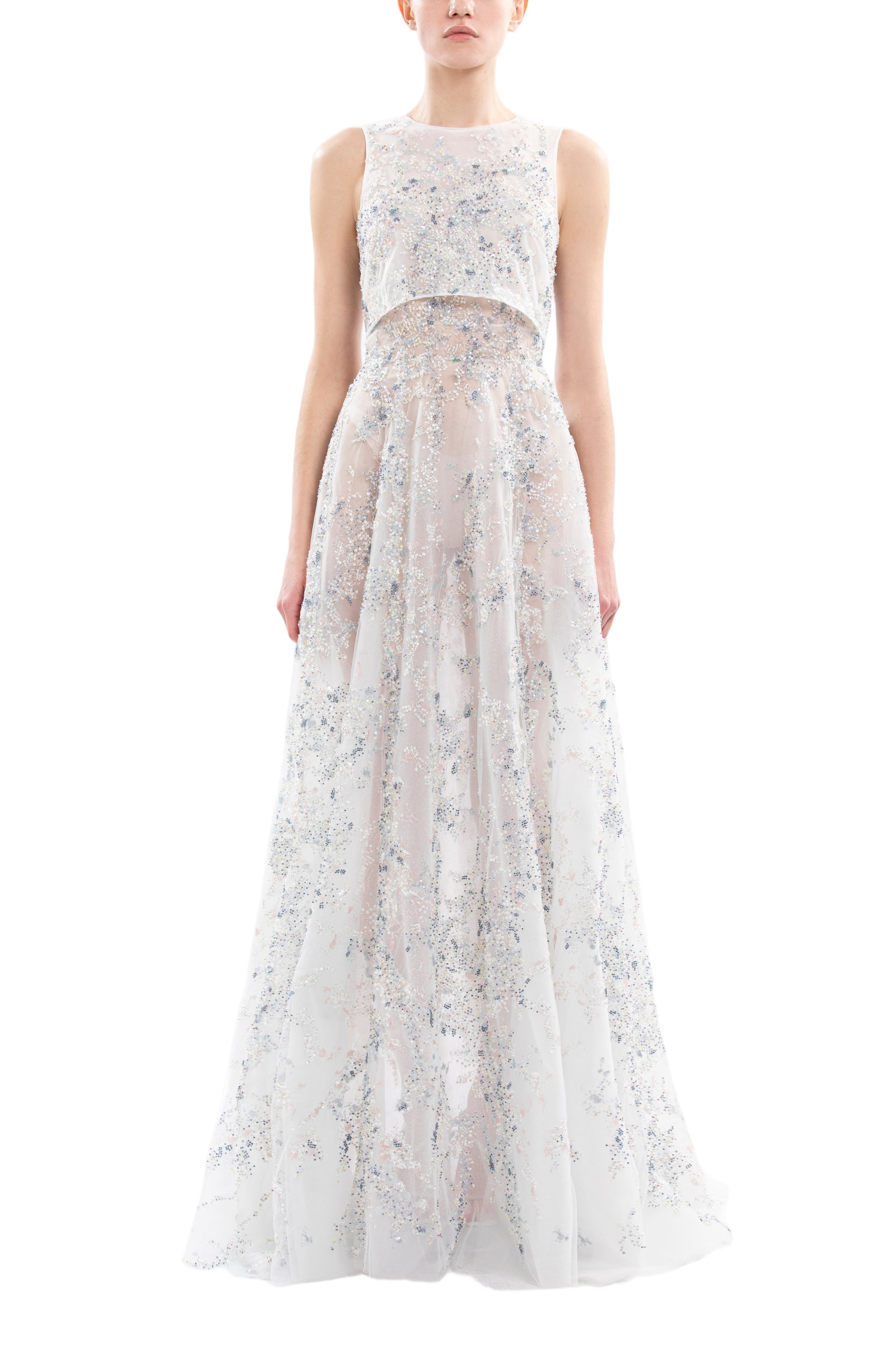 Intricately Embroidered Off-White Maxi Dress