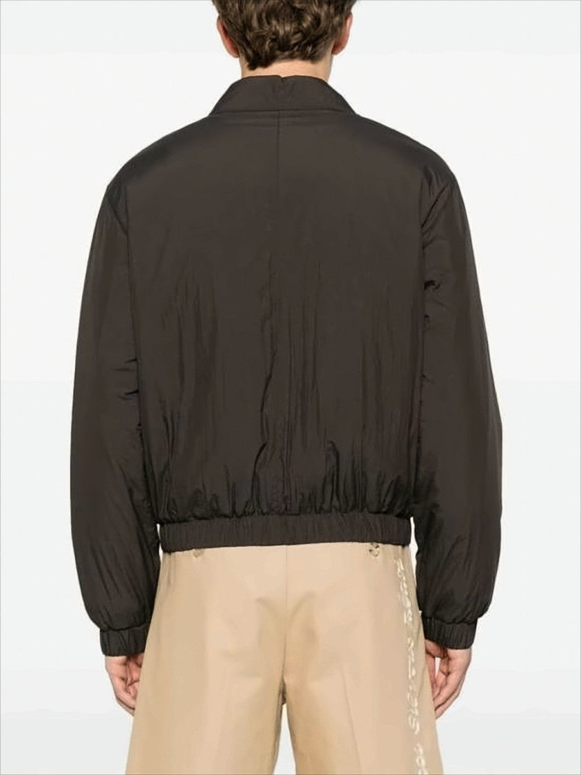 Cropped Black Bomber Jacket With Classic Collar And Logo Detail