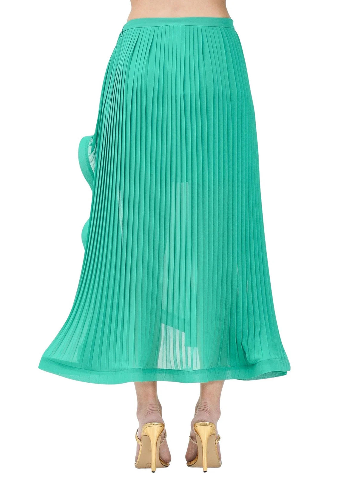 Green Polyester Asymmetric Pleated Skirt