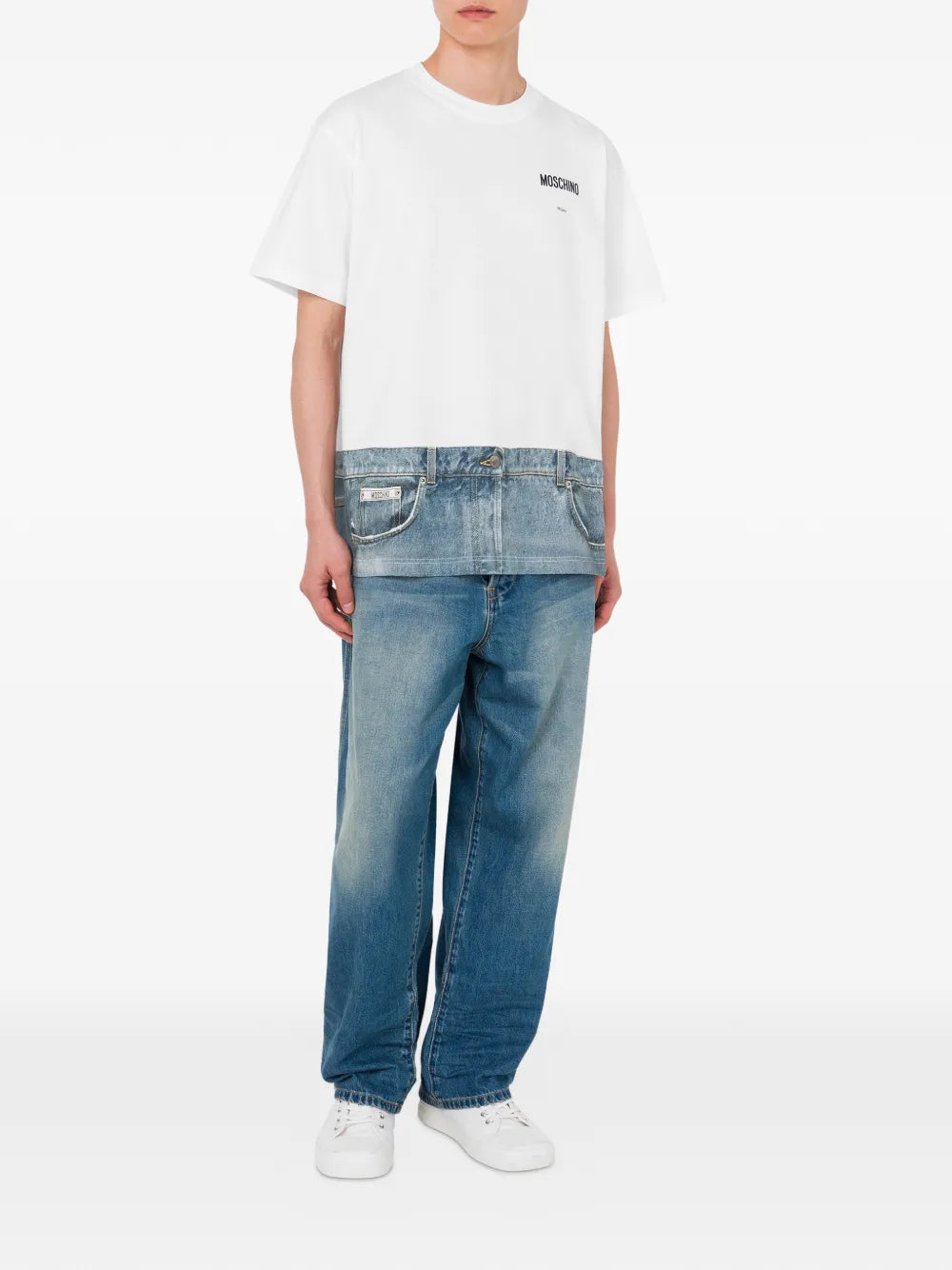 White T-Shirt With Denim-Inspired Hem Design