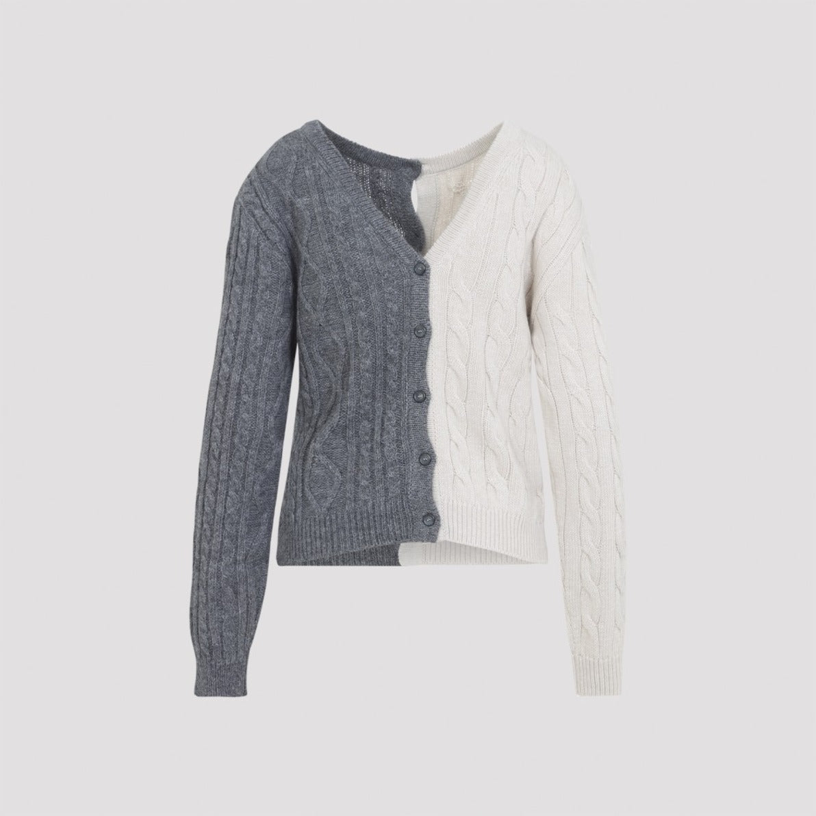 Two-Tone Cable Knit Sweater With Button-Down Front