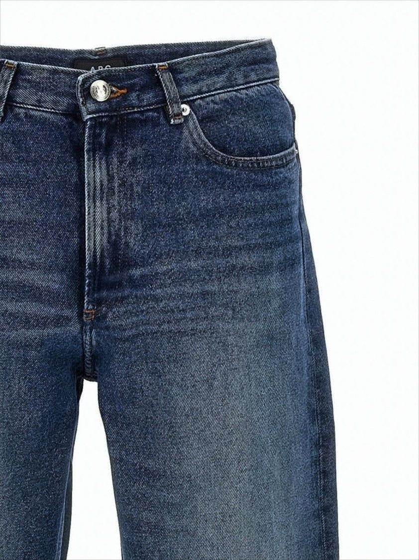 Mid-Blue Straight-Leg Denim Pants with Fading