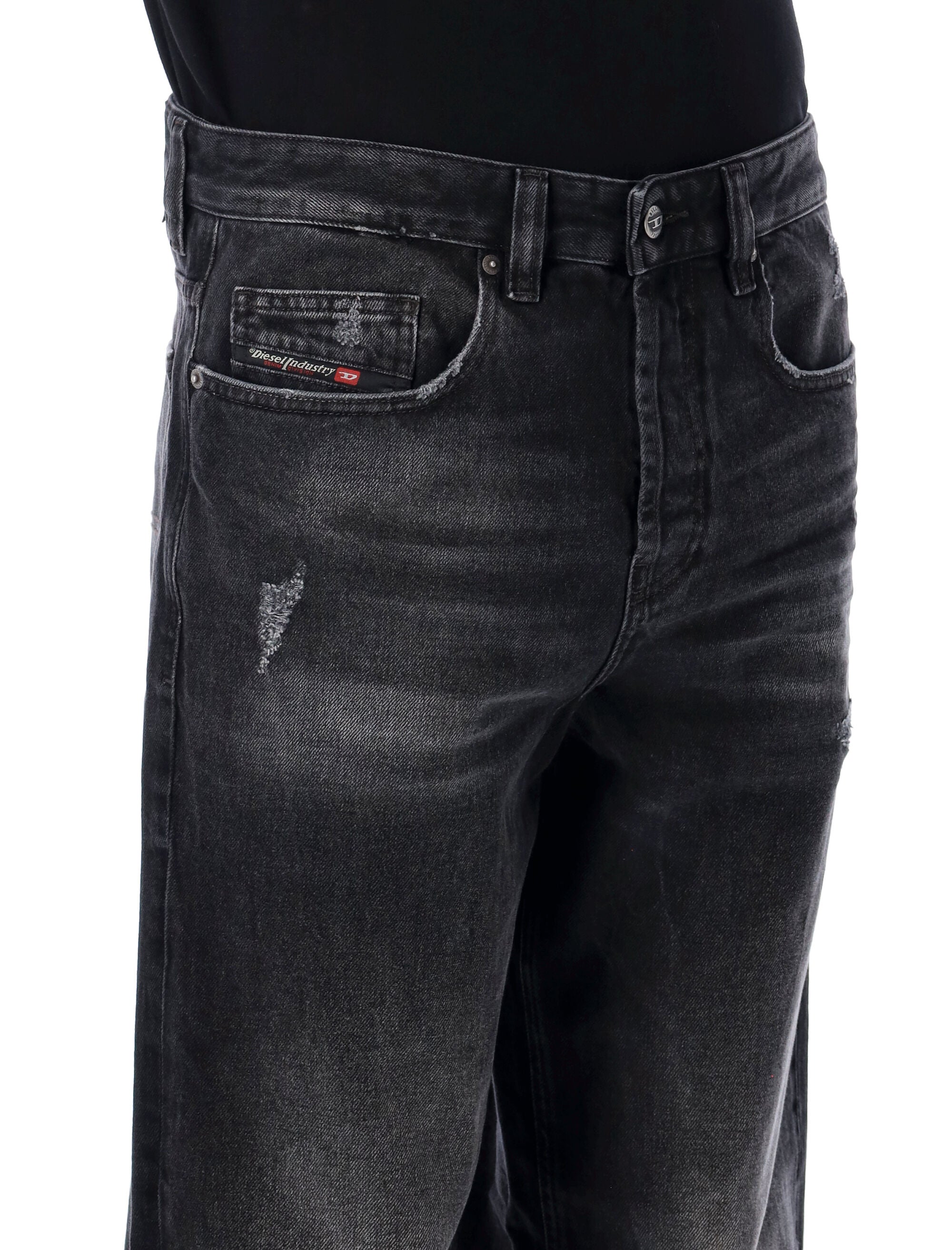 Relaxed Black Denim Jeans with Worn-In Wash and Ripped Detailing