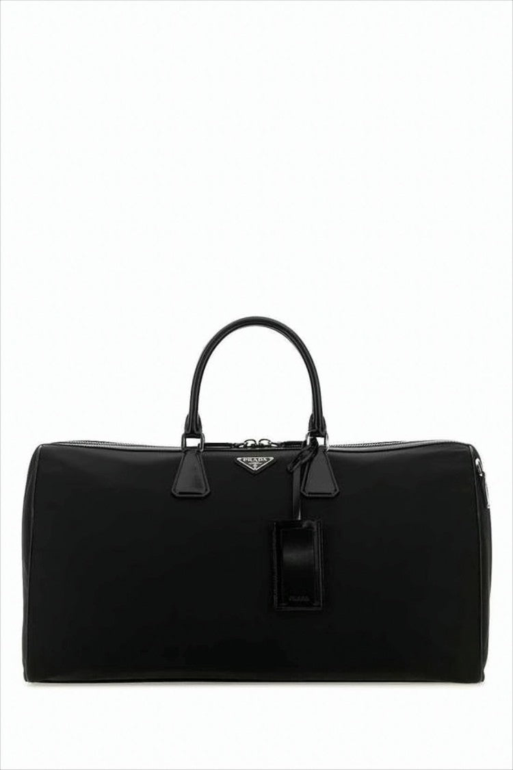 Elongated Duffle Bag with Leather Accents and Triangular Logo