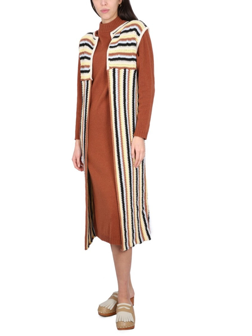 Open Front Striped Long Vest With Textured Knit