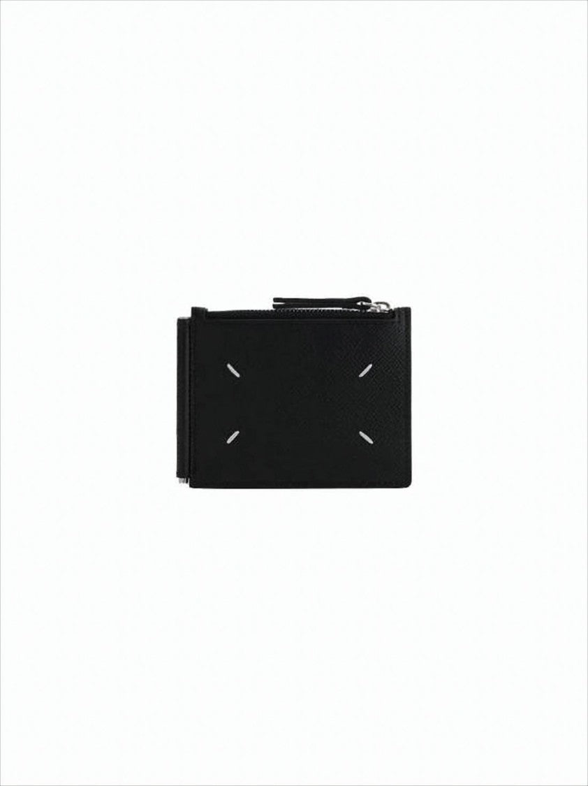 Compact Black Leather Wallet With Zippered Compartment And Signature Stitched Detail
