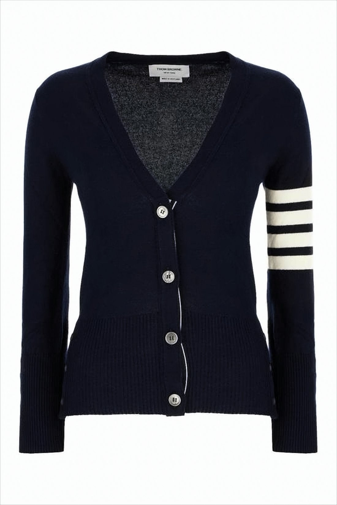 Fitted Cashmere Cardigan with Distinctive Striped Sleeves