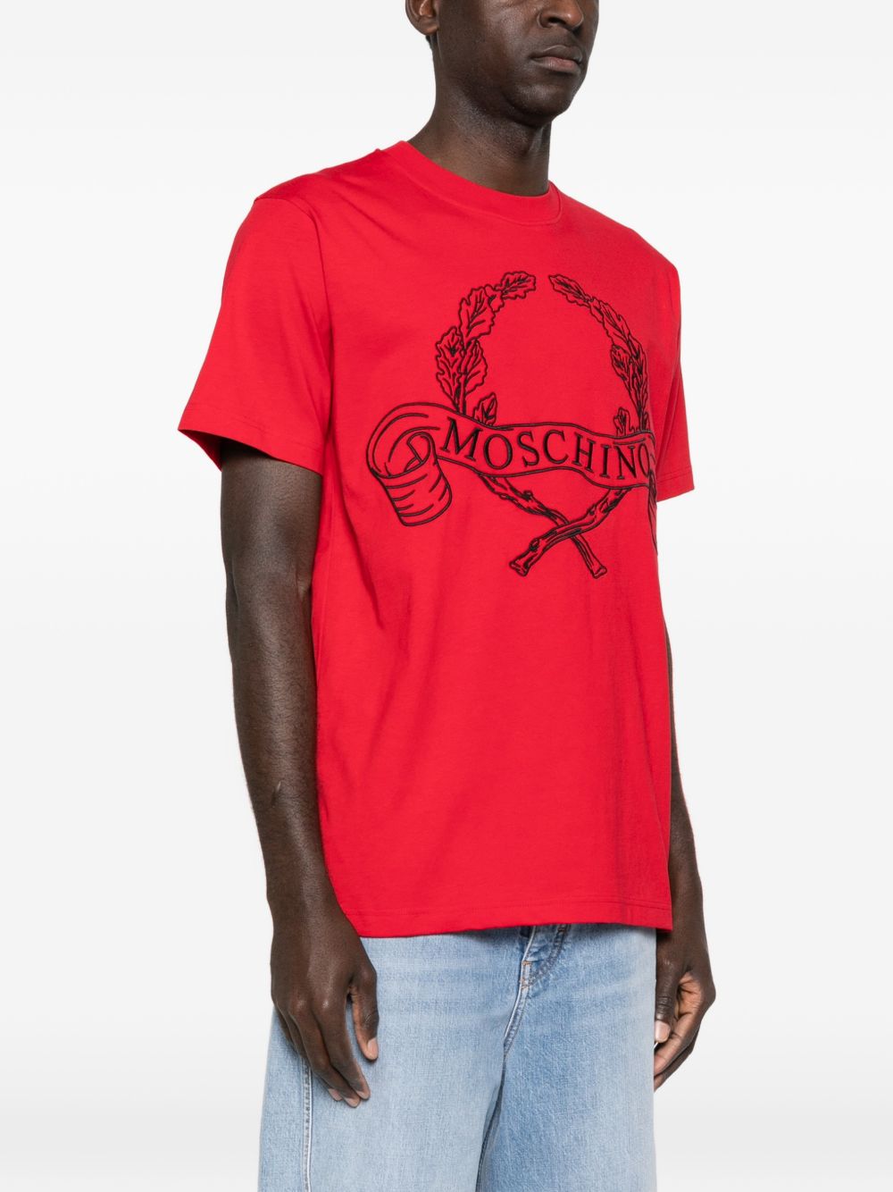 Graphic Red Silk-Nylon T-Shirt with Wreath Design