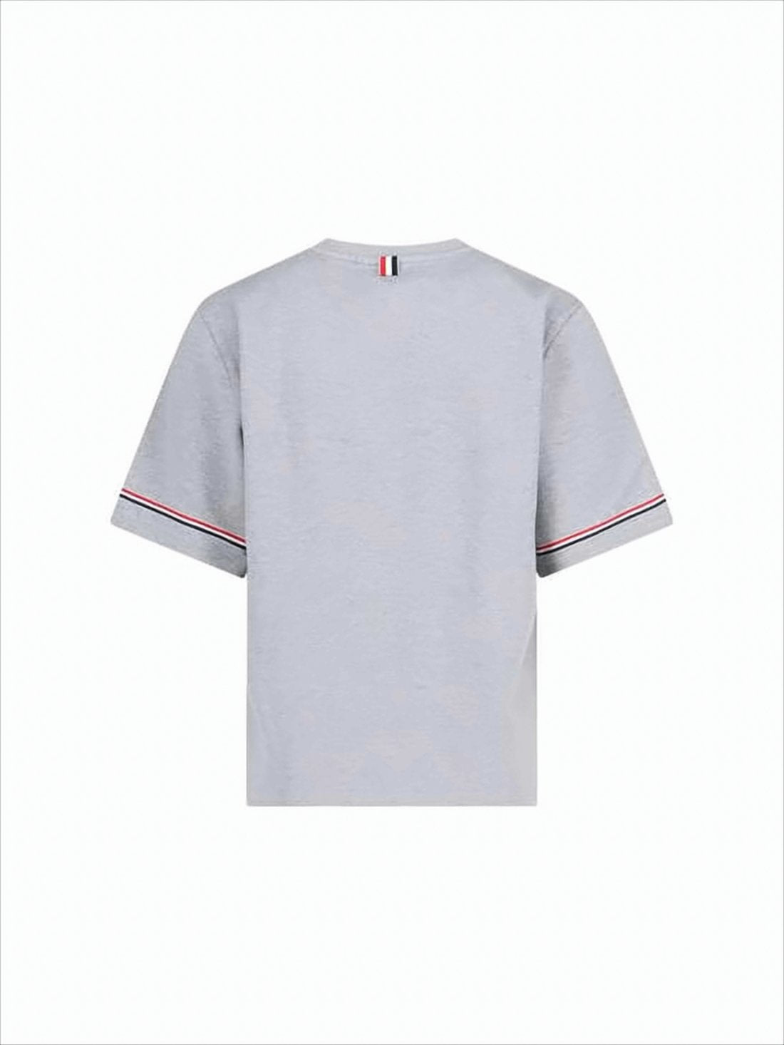 Short-Sleeved Light Grey Cotton T-Shirt with Striped Cuffs