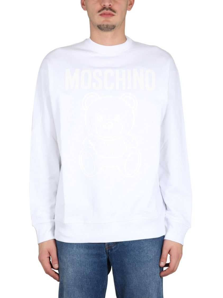 Cross-Neck White Sweatshirt With Playful Teddy Bear Graphic