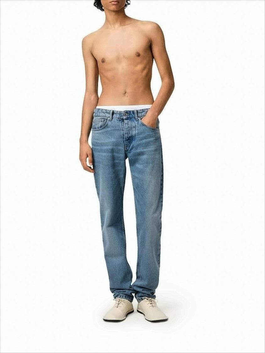 Medium Blue Straight-Leg Denim Pants With Five-Pocket Design