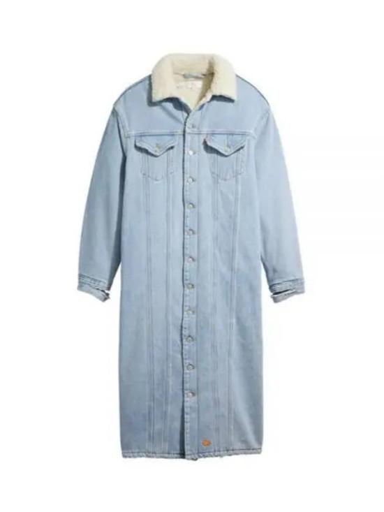 Knee-Length Denim Dress with Shearling Collar