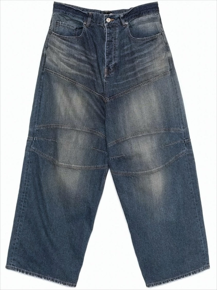 Wide-Leg Distressed Denim Pants With Horizontal Seam Detailing