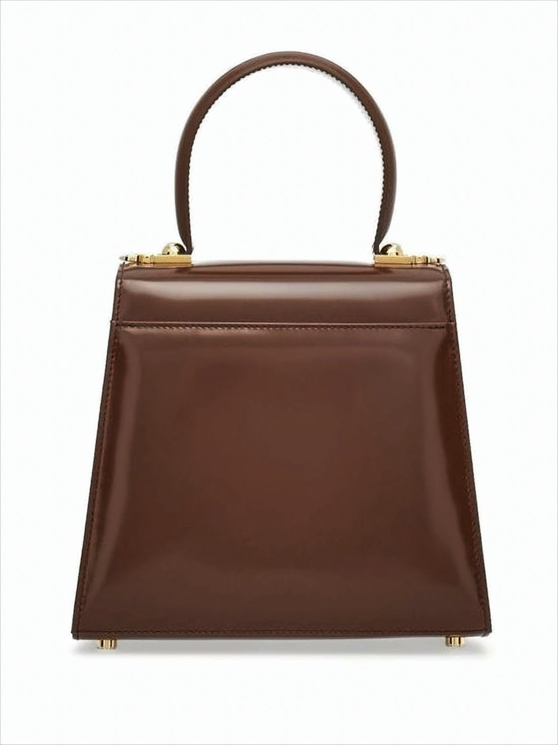 Trapezoidal Brown Leather Tote with Gold-tone Clasp
