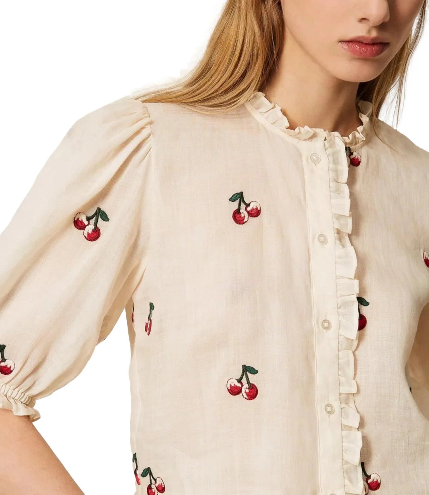 Cropped Blouse with Cherry Print and Ruffle Detailing