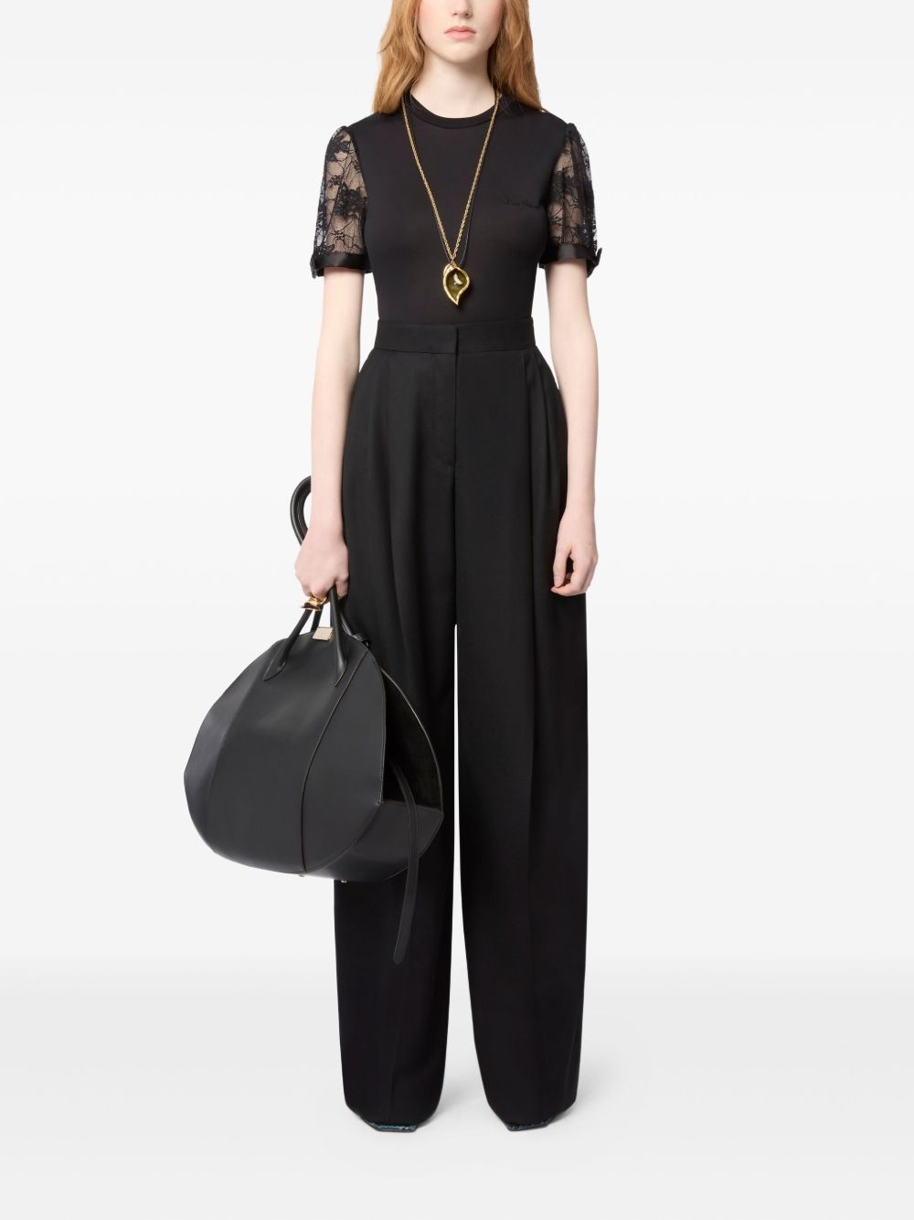Short-Sleeved Top with Lace Sleeves and Bow Details