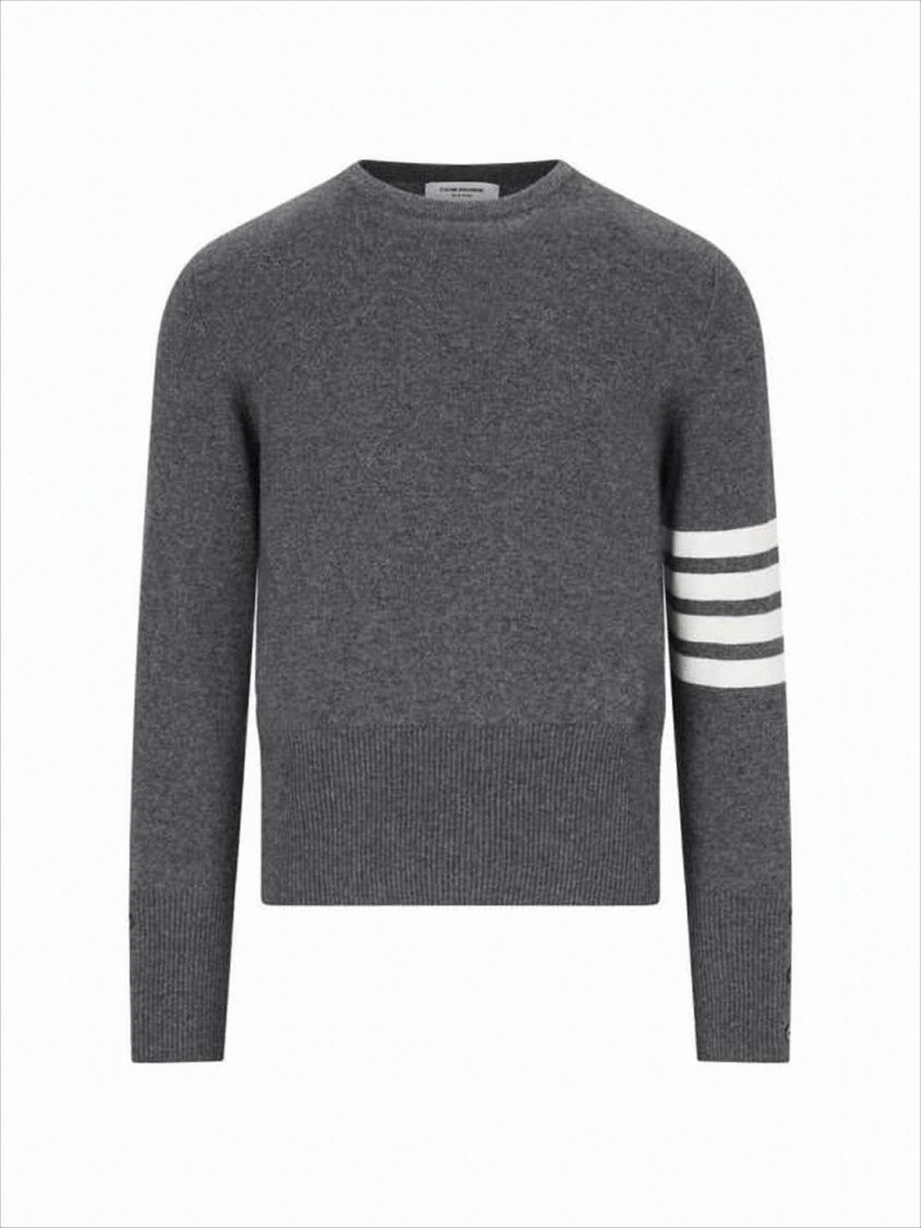 Crew Neck Cashmere Sweater with Contrasting Stripes and Side Buttons