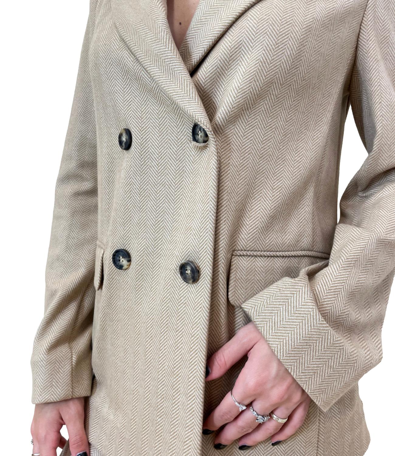 Double-Breasted Beige Herringbone Jacket With Wide Lapels