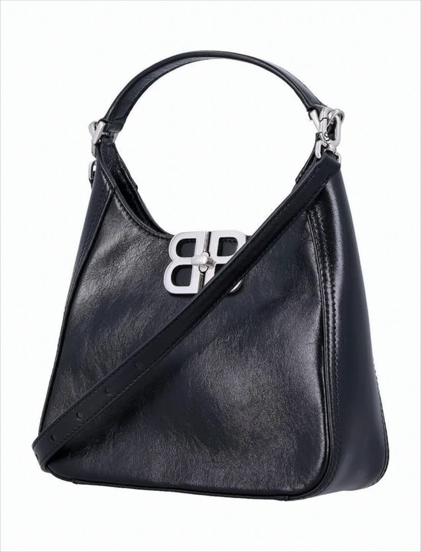 Structured Black Leather Tote Bag with Metallic Double-B Logo