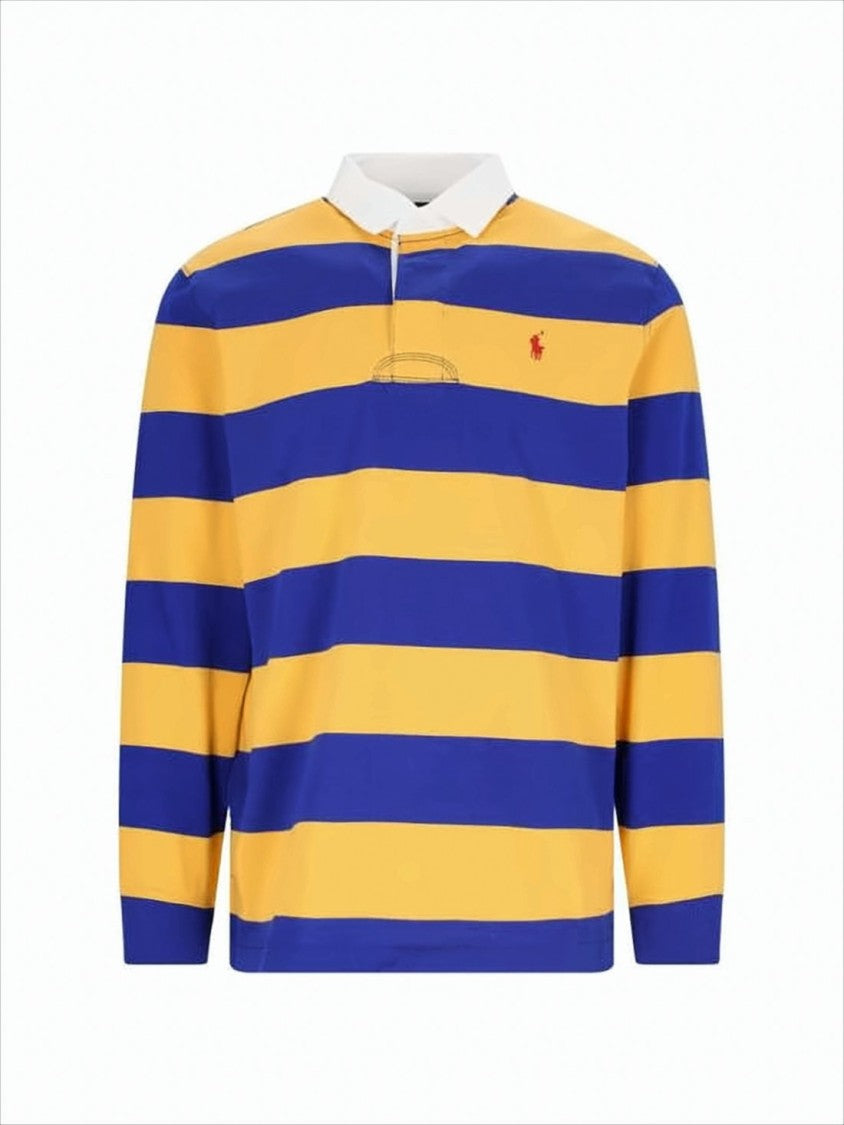 Horizontal Stripe Long-Sleeve Polo Shirt With Classic Collar