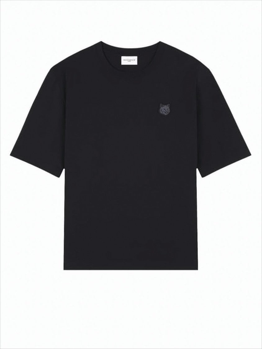 Relaxed Fit Black Crew Neck T-Shirt With Embroidered Fox Emblem